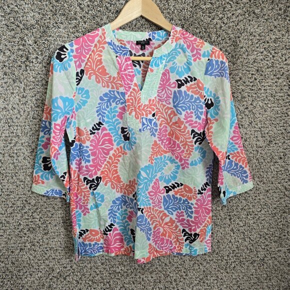 Talbots Top Womens‎ SP Petite Small Pink Blue Semi Sheer V Neck Floral Blouse - Picture 1 of 7